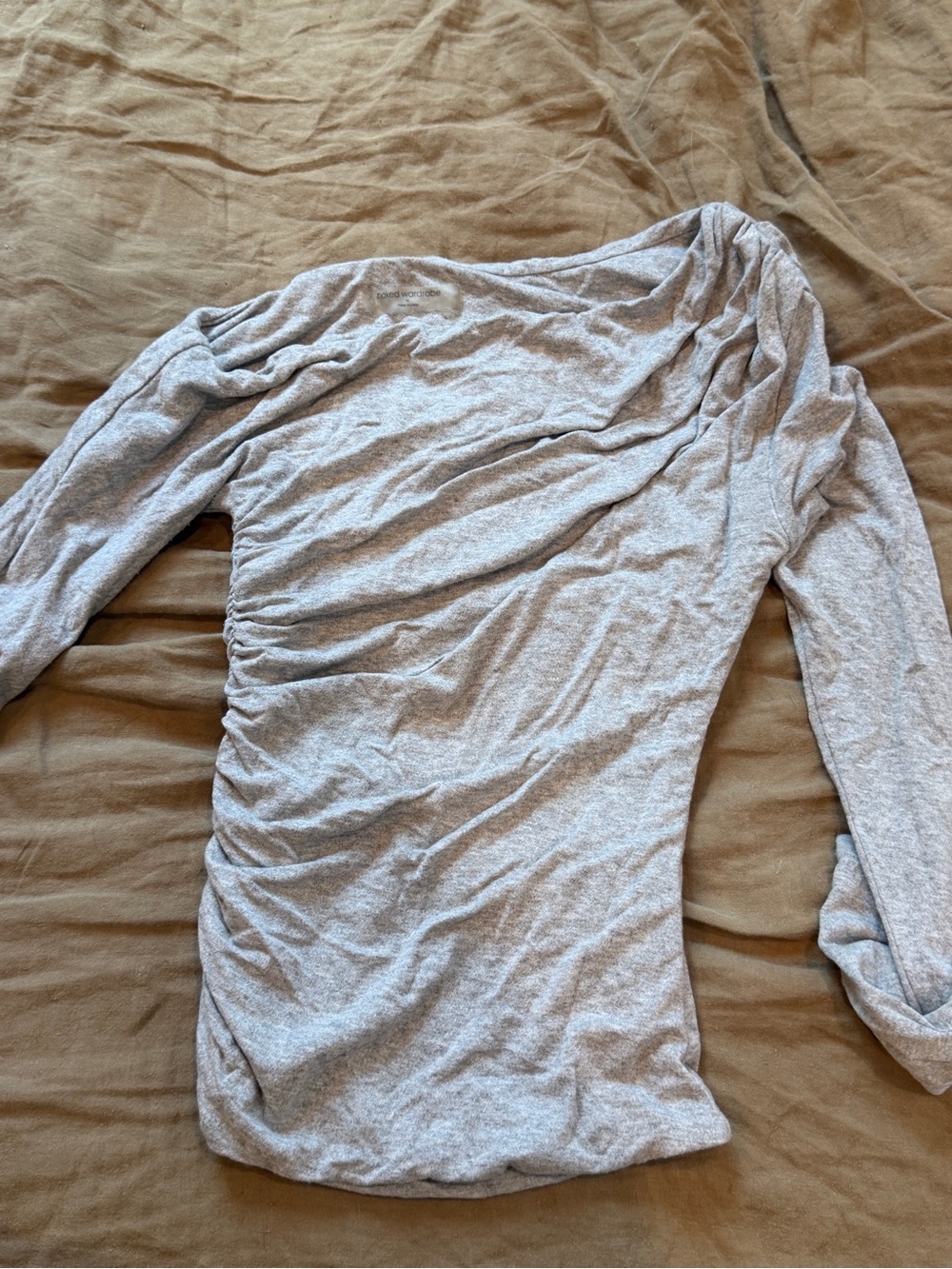 Naked Wardrobe Gray Ruched Off Shoulder Long Sleeve Top S